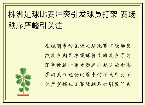 株洲足球比赛冲突引发球员打架 赛场秩序严峻引关注