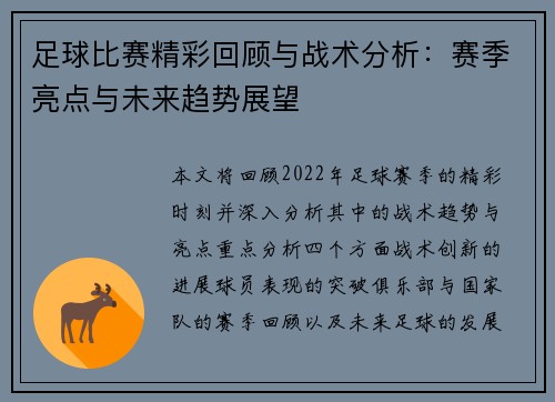 足球比赛精彩回顾与战术分析：赛季亮点与未来趋势展望