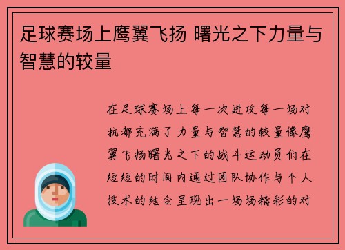 足球赛场上鹰翼飞扬 曙光之下力量与智慧的较量