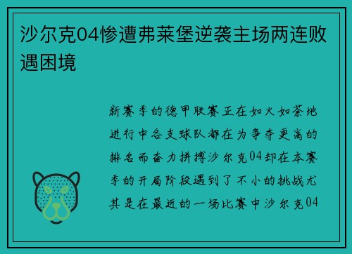 沙尔克04惨遭弗莱堡逆袭主场两连败遇困境