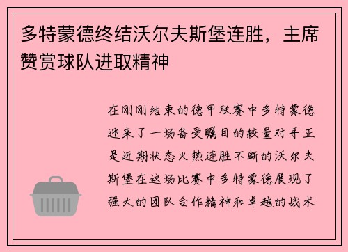 多特蒙德终结沃尔夫斯堡连胜，主席赞赏球队进取精神