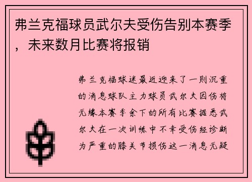 弗兰克福球员武尔夫受伤告别本赛季，未来数月比赛将报销