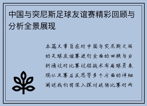 中国与突尼斯足球友谊赛精彩回顾与分析全景展现