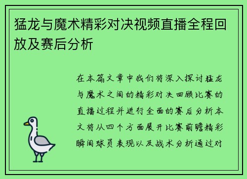 猛龙与魔术精彩对决视频直播全程回放及赛后分析