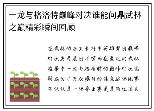 一龙与格洛特巅峰对决谁能问鼎武林之巅精彩瞬间回顾