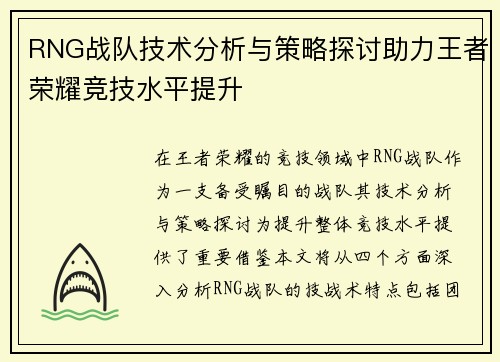 RNG战队技术分析与策略探讨助力王者荣耀竞技水平提升