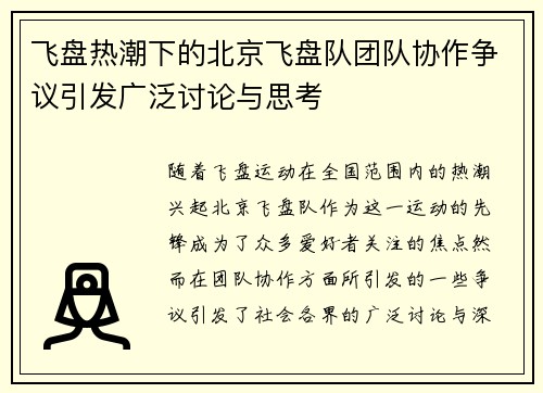 飞盘热潮下的北京飞盘队团队协作争议引发广泛讨论与思考