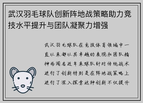 武汉羽毛球队创新阵地战策略助力竞技水平提升与团队凝聚力增强