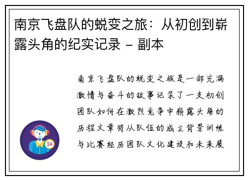 南京飞盘队的蜕变之旅：从初创到崭露头角的纪实记录 - 副本