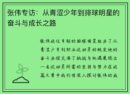 张伟专访：从青涩少年到排球明星的奋斗与成长之路